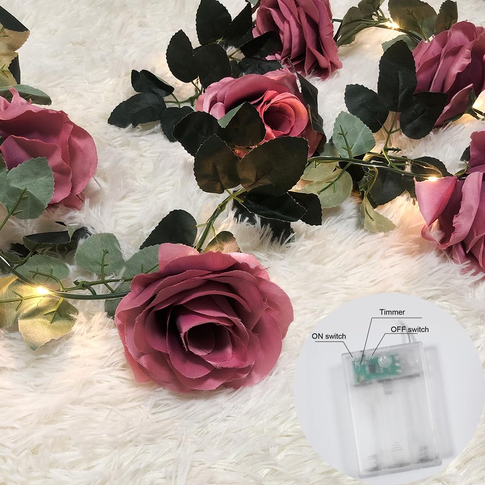 GUOCHENG Fairy Flower Garland Lights with Timer, 2.45m Artificial Hanging Rose Fairy Strings Battery Power Wreath Lights for Wedding Arch Party Home Decorations-Plum