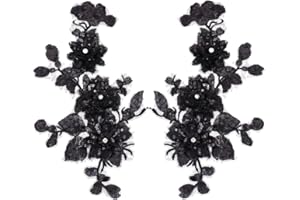 CABODYALS 2Pcs 2 Styles Black Floral Embroidery Applique Vintage Beaded Sequin Lace Appliques 3D Flower Rhinestone Sew on Ornament Patches for Sewing Making Dresses Gowns Party Bag Jeans Shirt Supply