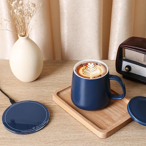APEKX SELF-HEATING CERAMIC COFFEE MUG – STABLE 130°F TEMPERATURE, 15W WIRELESS PHONE CHARGING, 12.8 FL OZ CAPACITY – USB-C ENABLED. (DEEP NAVY)