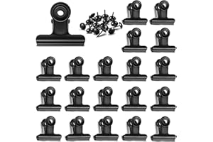 YUCHIYA 20 Pack Metal Clips with 20 Push-pins for Corkboard,Bulldog Clips for Hanging Pictures,Small Hinge Clips for Photos Crafts,Mini Binder Clips Paper File Clamps for Office(Black,1.2inch)