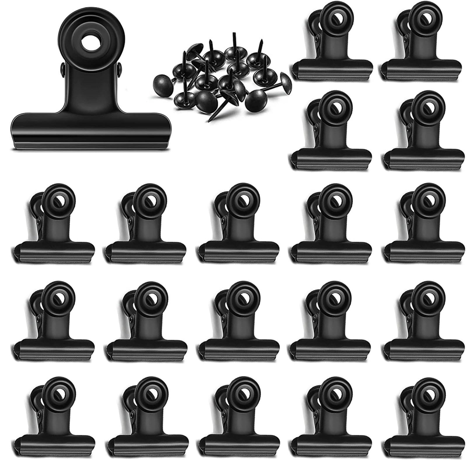 Bulldog Clips with 20pcs Push-pin, Paper File Clips with Strong Spring, Small Metal Binder Clips, Seal Clamps for Coffee Tea Food Bags, Decorative Clips for DIY Photo Grid 31 mm 20 Pack(Black)