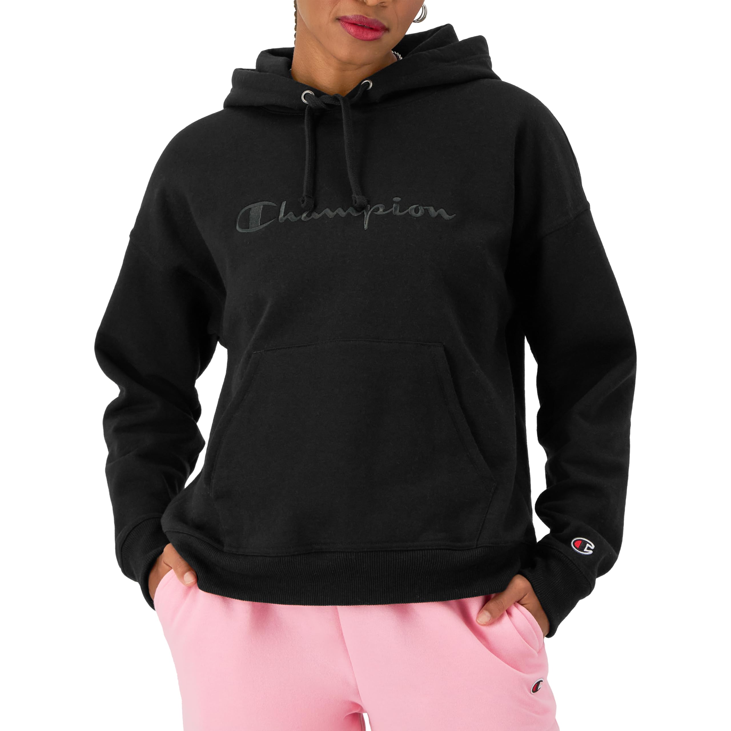 Champion Women's Midweight Hoodie, Relaxed, Full Embroidered Script Logo, Black, XX-Large Image Champion Women's Midweight Hoodie, Relaxed, Full Embroidered Script Logo, Black, XX-Large Image
