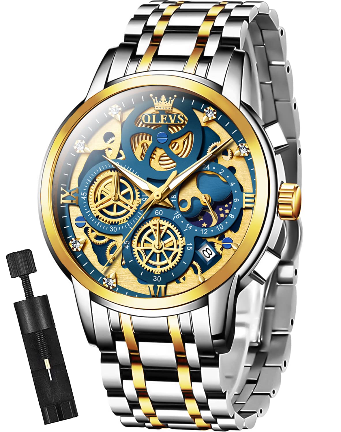 OLEVS Mens Watch Chronograph Luxury Diamond Dress Business Analog Quartz Wrist Watches Stainless Steel Waterproof Luminous