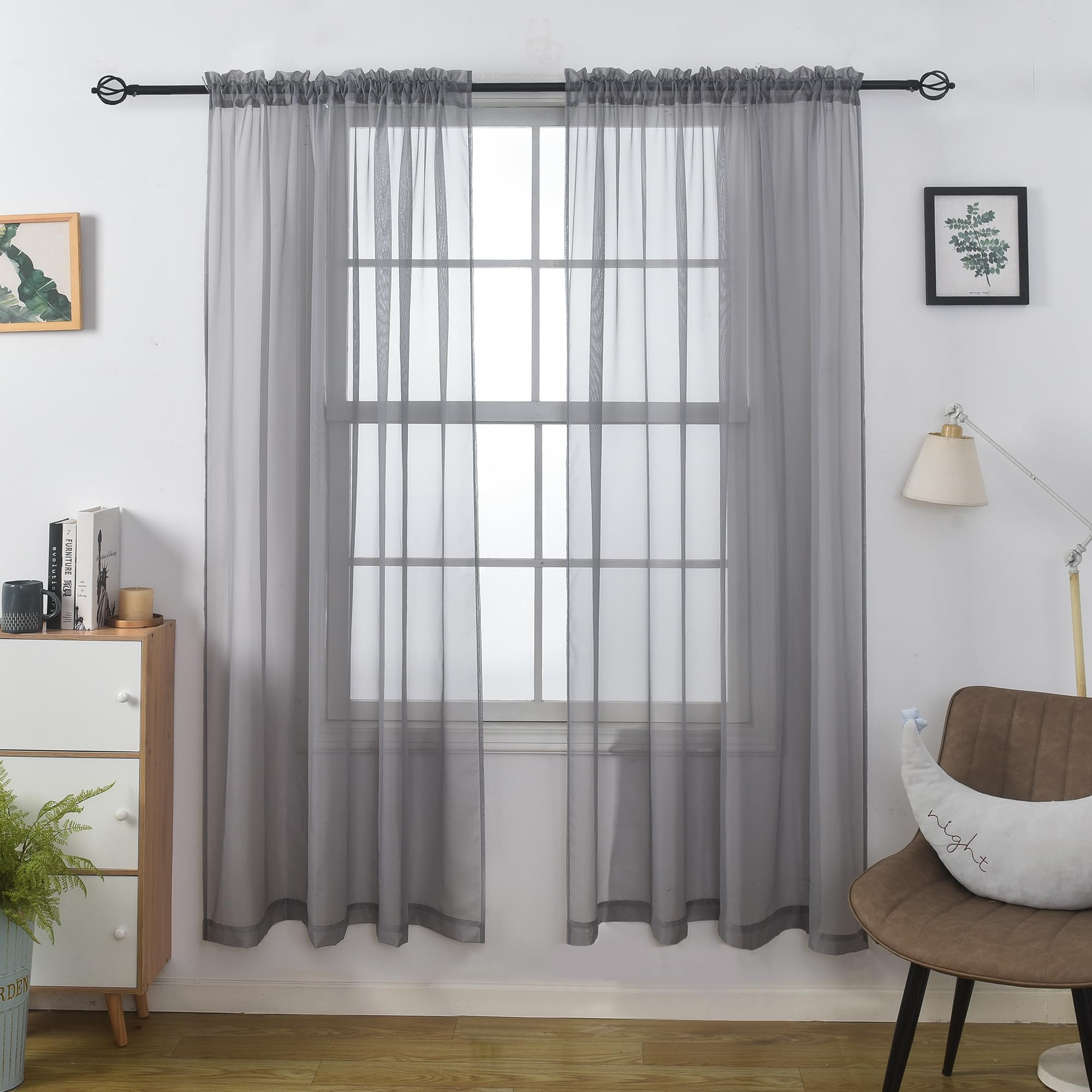 Aquazolax Grey Blackout Nets Curtains for Windows - Extra Large Sheer Curtain Rod Pocket Panels with Tiebacks for Living Room/Closet, 54 x 90 inch