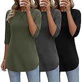 Riyiper 3 Pack Elbow Length Tee Shirts for Women 3/4 Sleeve Tunic Tops Round Neck Curved Hem Leggings Blouse