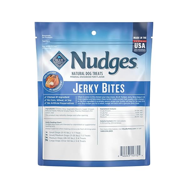 BLUE BUFFALO NUDGES JERKY BITES DOG TREATS, MADE IN THE USA WITH NATURAL INGREDIENTS, BITE-SIZED PIECES, CHICKEN, 5-OZ BAG