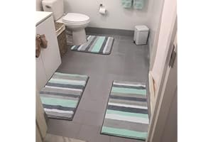 Vaukki 3 Piece Bathroom Rugs Set, Non Slip Shaggy Microfiber Plush Absorbent Washable Bath Shower Mats Runner for Tub (18''x26''+20''x32''+20''x24'', Mint Green)