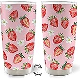 MOTERMATE Pink Strawberry 20oz Travel Coffee Mug Tumbler, Strawberry Gifts for Women, Pink Flower Water Stainless Steel Tumbler with Lid and Straw