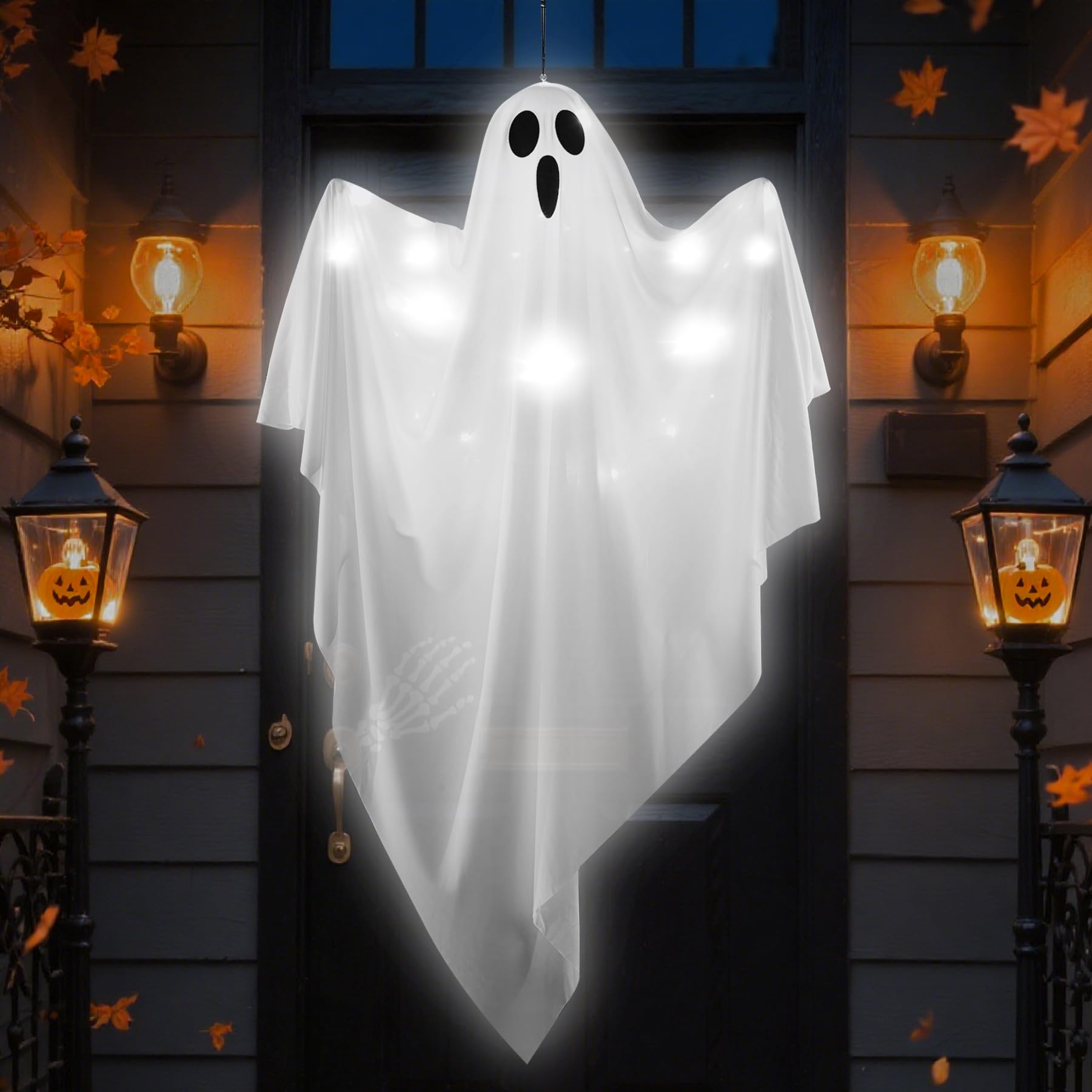 Photo 1 of Hogrance Halloween Decorations Outdoor, White Hanging Ghost Hanging Light up with Blue LED Light, Halloween Window Decoration for Front Yard Patio Lawn Garden Party Decor Indoor Outside (Cold White)