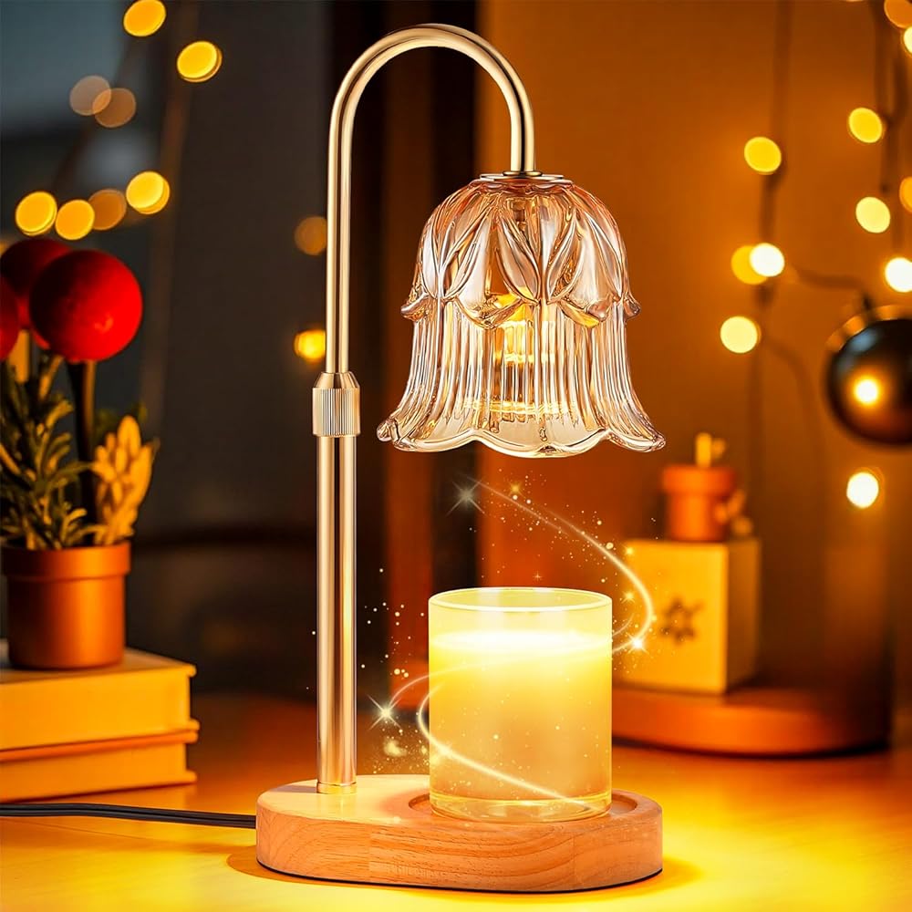 Candle Warmer Lamp with Timer - Adjustable Height Electric Candle Warmer Lamp with Dimmer, Flower Glass Shade Wax Melt Warmer