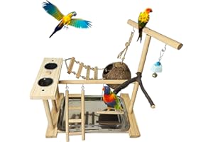 Hamiledyi Parrot Playground Bird Play Stand Natural Wood Parrot Perch Gym with Feeder Cups Cockatiel Nest with Ladder Lovebirds Cage Accessories Toy Exercise Activity Center for Cockatiel Lovebirds