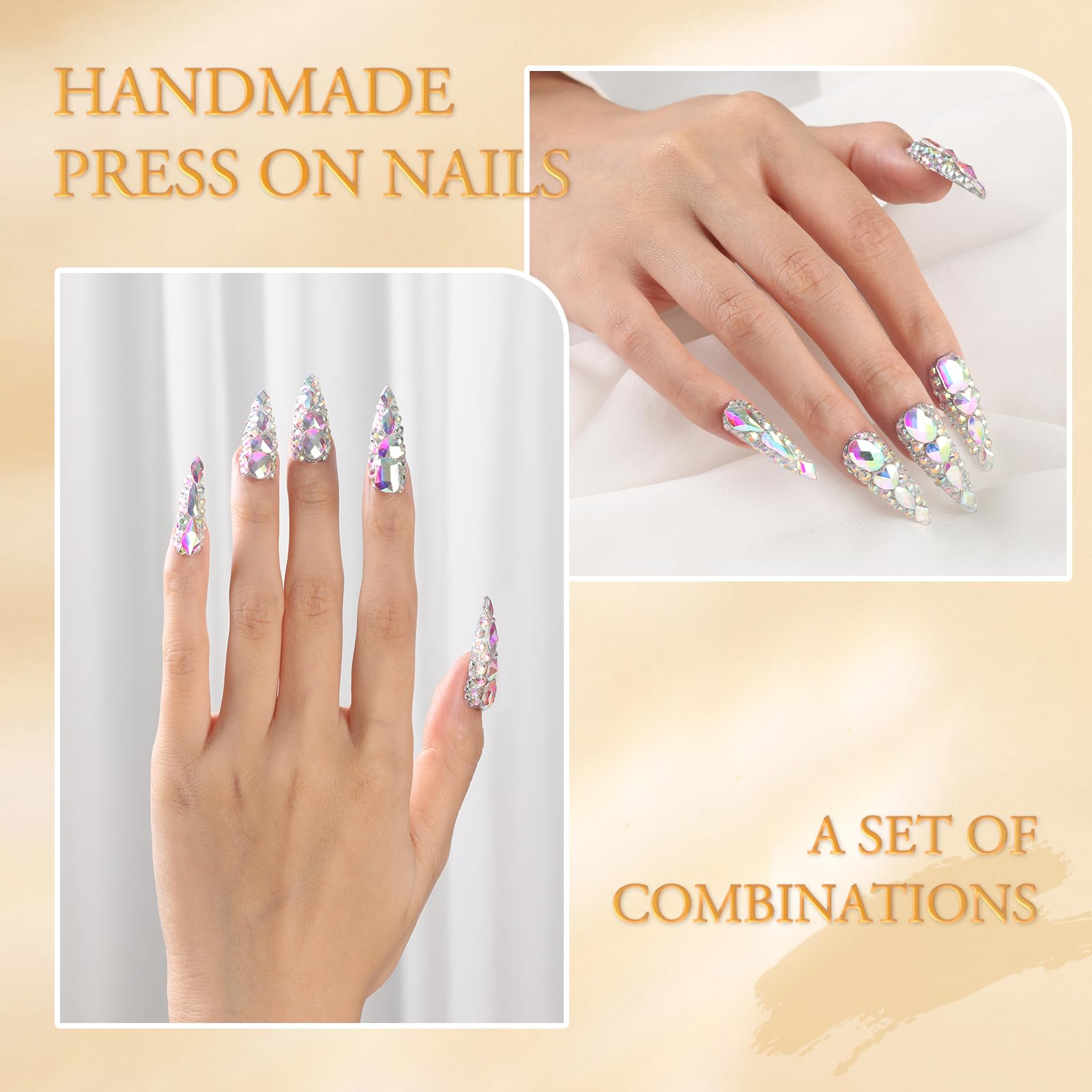 Kaquee-Really Handmade Press on Nails Long,Luxury Golden Stiletto Fake Nails Y2k,Glue Stick on Nails with Butterfly Bling Rhinestones,Nail Art Gifts for Women Girls (Silver, L) - Image 2