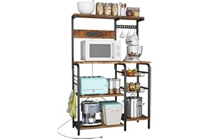 YILFANA Kitchen Bakers Rack with Power Outlet, Bakers Racks for Kitchen with Storage, Microwave Stand with Storage, Kitchen Rack and Shelves with 2 Wire Baskets, 10 S-Hooks, Kitchen Storage Shelves