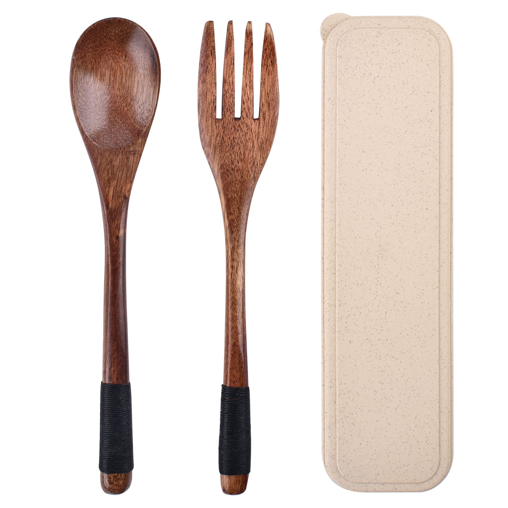 Jiayaus Wooden Cutlery Set, 1 Set of 2 Pieces, Dark Brown, Korean & Japanese Style, Travel & Daily Use, Lacquered Wooden Fork & Spoon with Case
