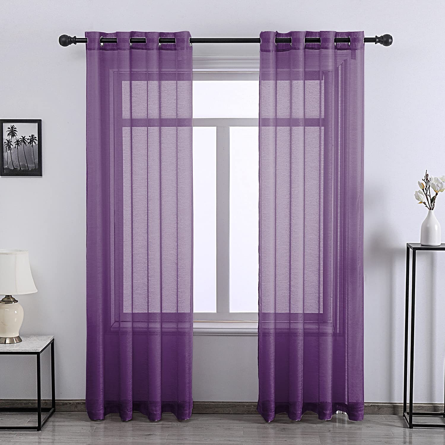 Royal Purple Sheer Curtains 108 Inches Long for Living Room - Grommet Window Voile Drapes for Girls Bedroom Decor 52 x 108 Inch Length