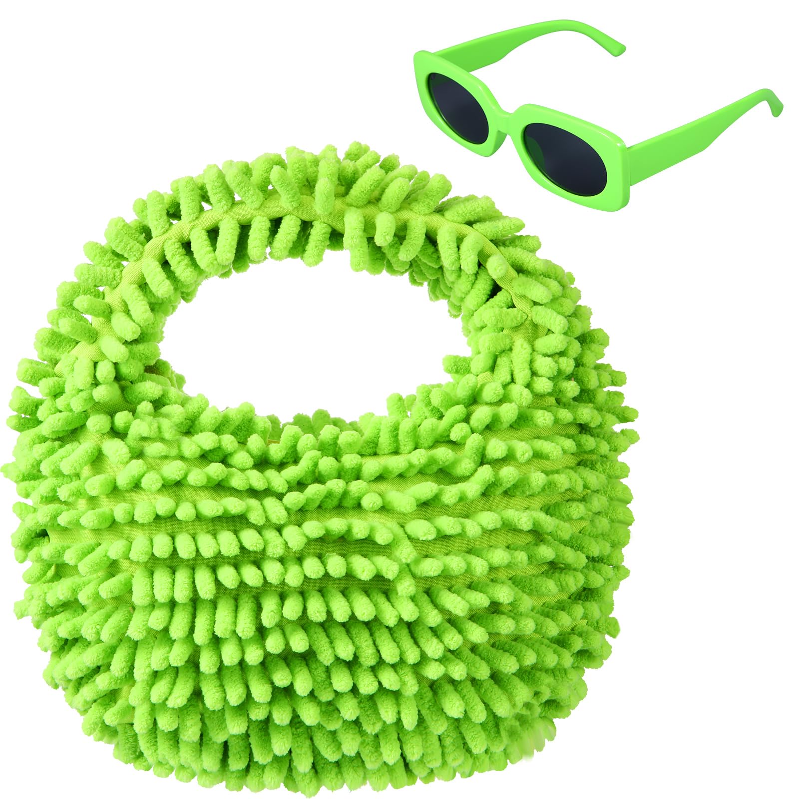 Photo 1 of ***NO SUNGLASSES***Kanayu 2 Pieces Neon Purse Fluffy Tote Bag and Sunglasses for Women Square Retro Sunglasses Fuzzy Purse(Fluorescent Green)