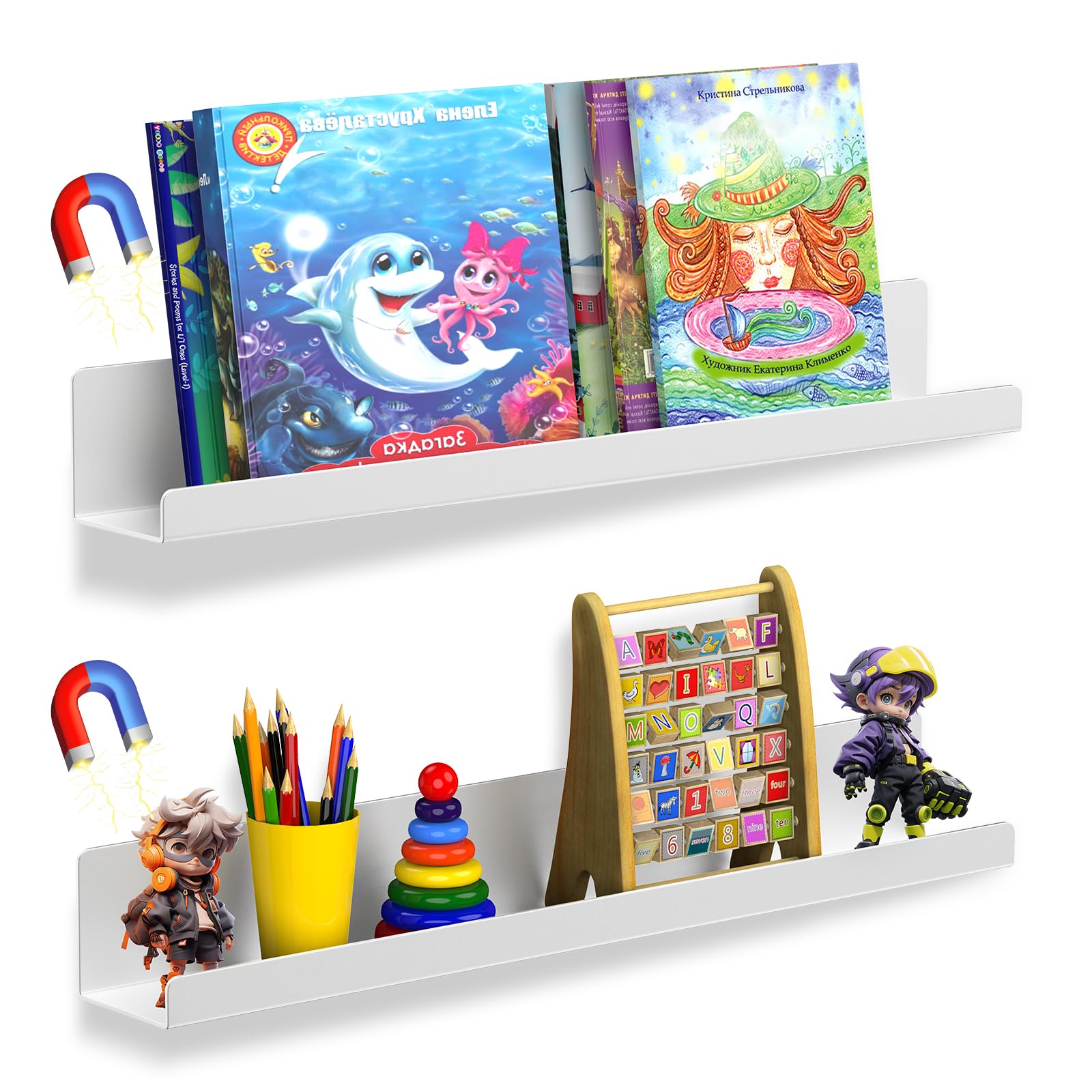Photo 1 of Gattlukd 2 Pack Magnetic Book Shelf for Whiteboard - 17 Inch Reusable Metal Magnetic Shelves, Holds 12 lbs, Magnetic Book Display for Classrooms, Kitchen, Kids' Room - New White
