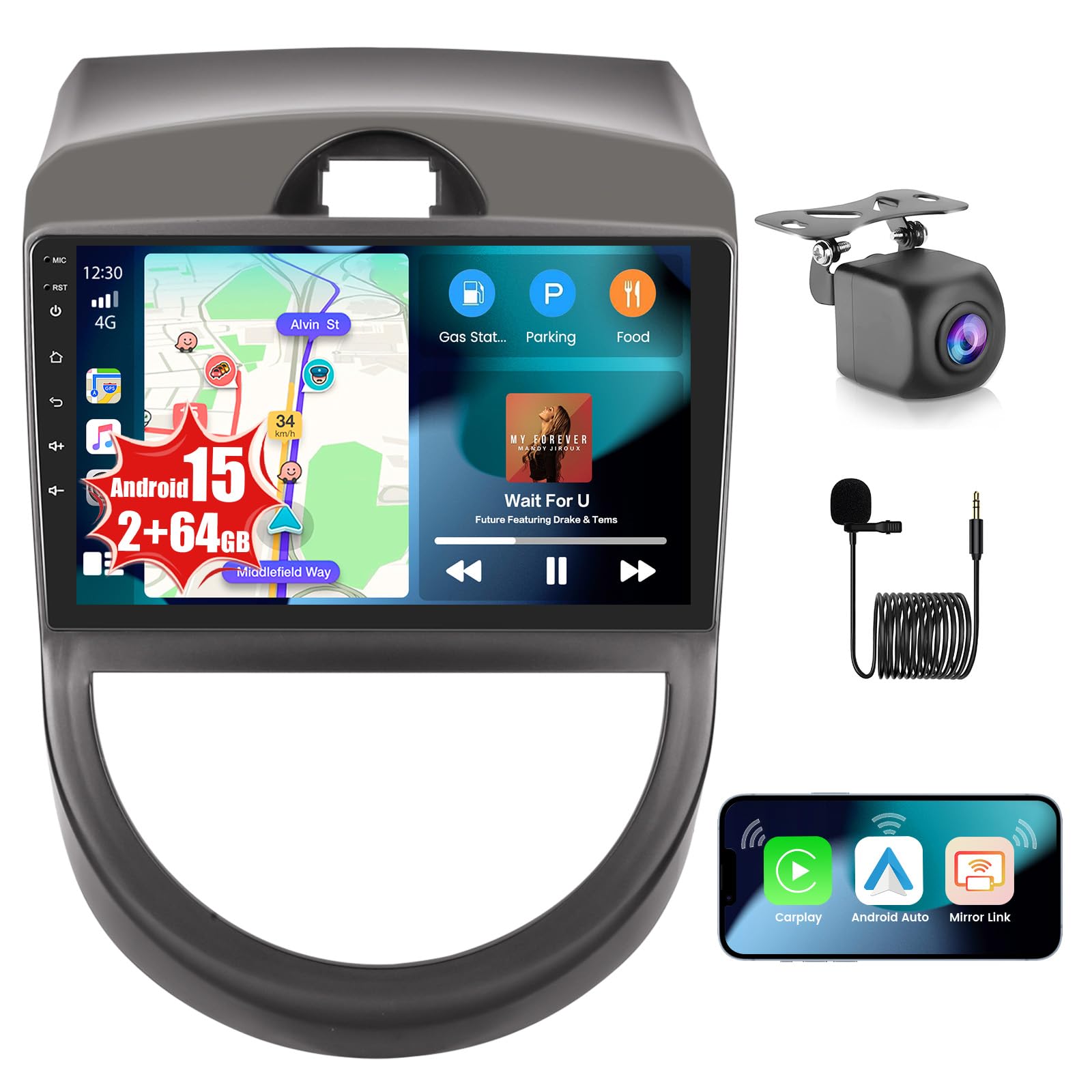 Photo 1 of 2GB+64GB Android 15 Car Stereo for Kia Soul 2010 2011 2012 2013 (LHD) with Wireless CarPlay Android Auto, 9 Inch Touch Screen Car Radio for Kia Soul with Bluetooth EQ 26UI WiFi GPS AHD Rear Camera