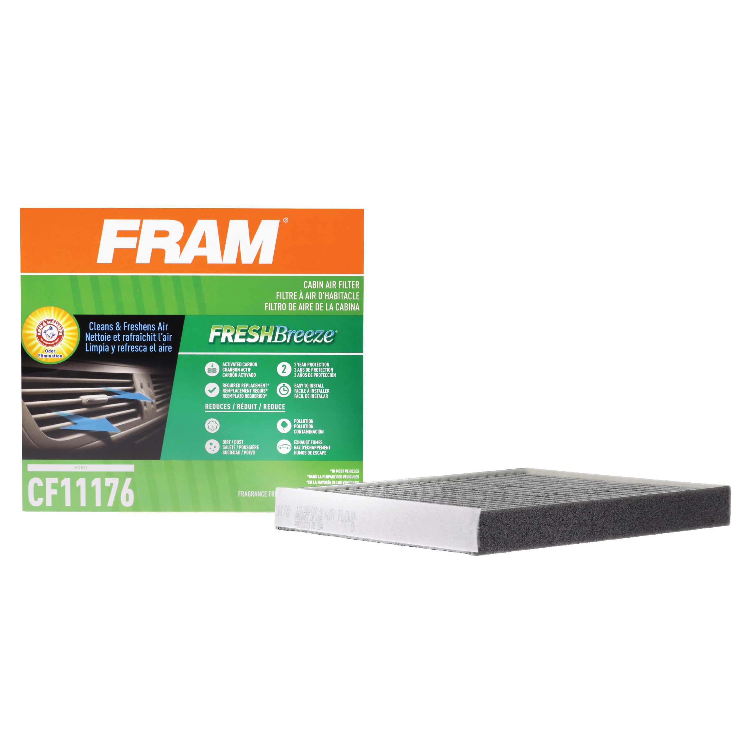 FRAM Filtro de aire de cabina Fresh Breeze de repuesto para el compartimiento del pasajero del automóvil con bicarbonato de sodio Arm and Hammer, fácil instalación, CF11176 para vehículos Ford