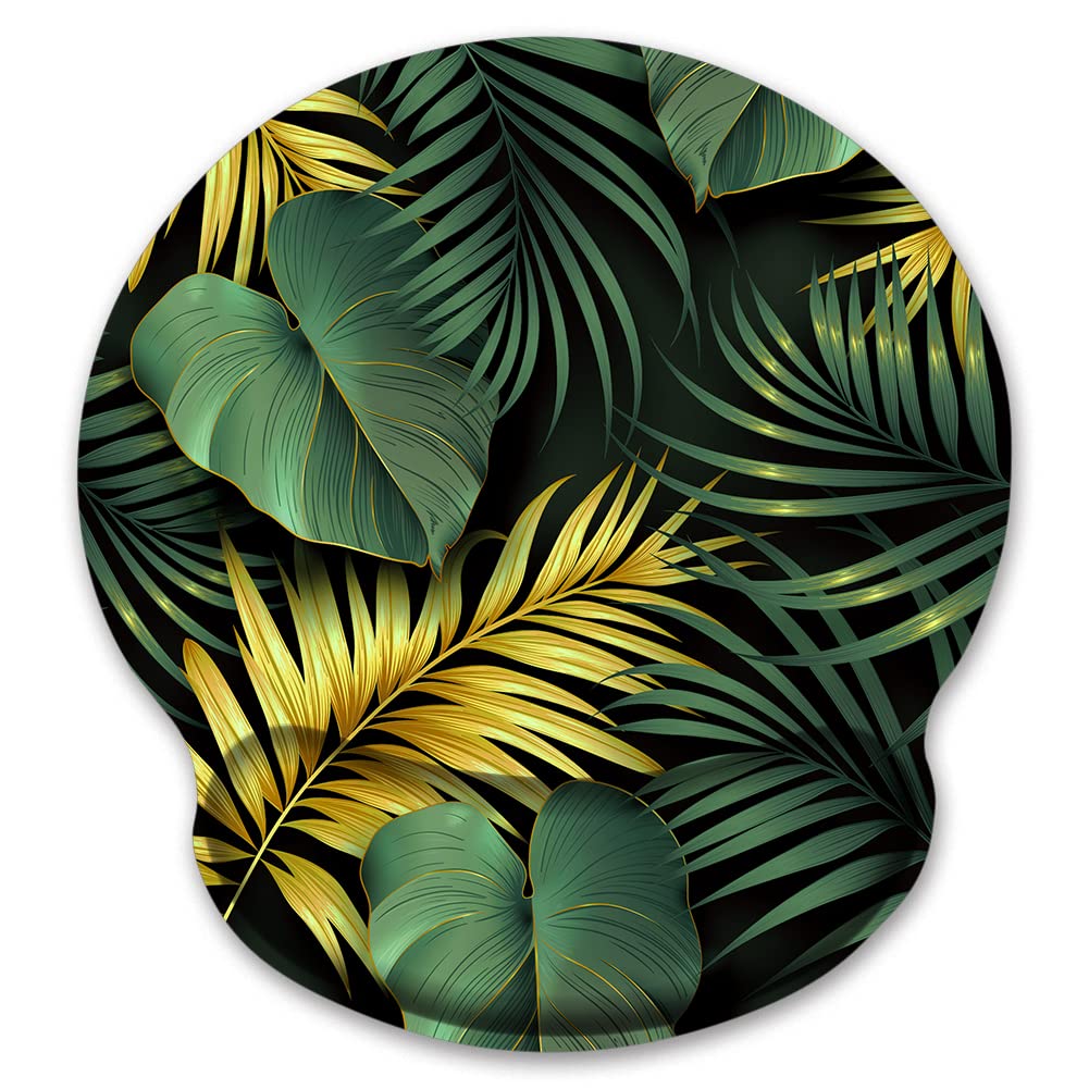 Audimi Mouse Pad with Wrist Rest Support Green and Golden Leaves Mouse Mat Non-Slip Rubber Base for Laptop PC Office Working Gaming