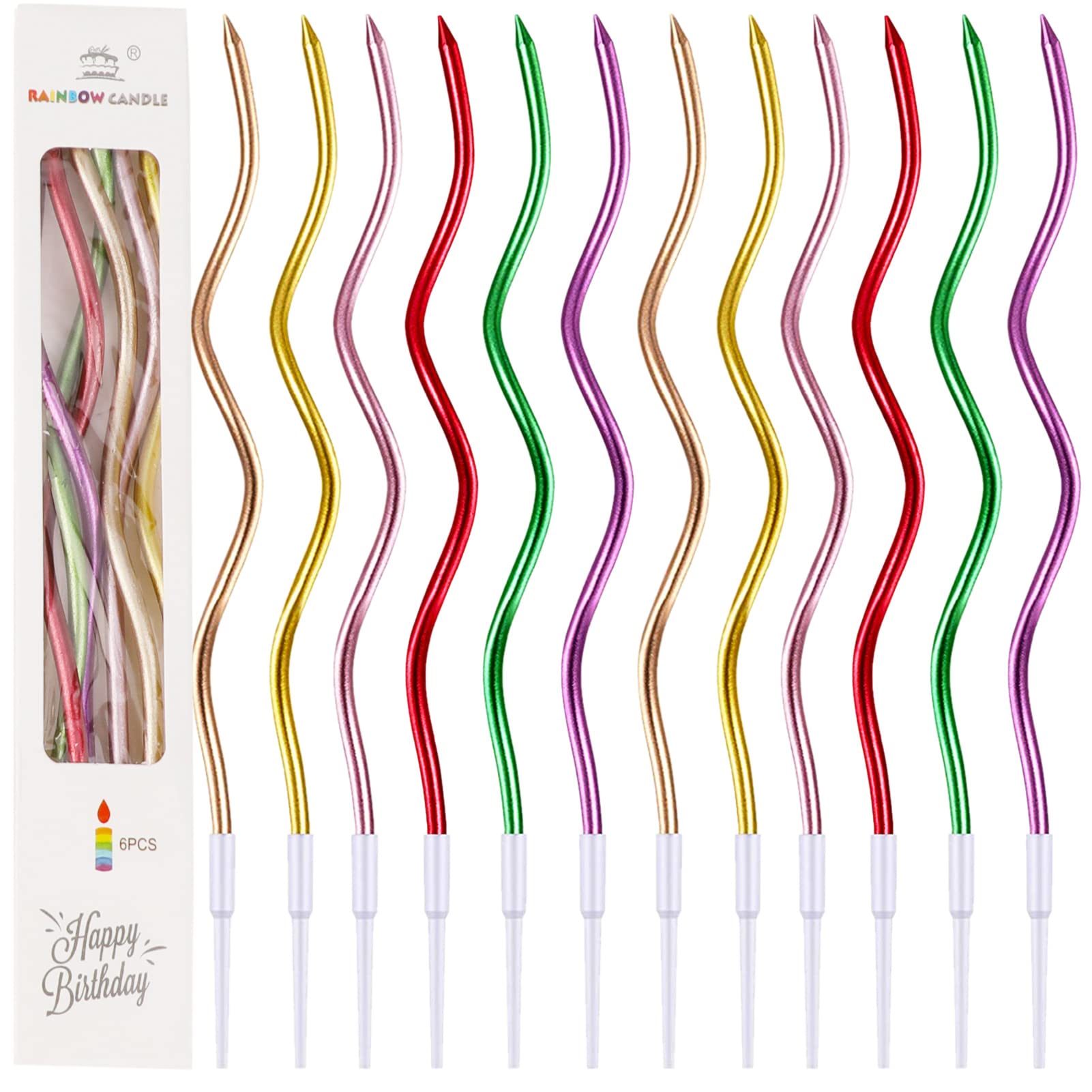 12Pieces Twisty Birthday Candles Spiral Cake Candles Metallic Cake Cupcake Candles Multi-Color Long Thin Coil Cake Candles with Holders for Birthday Wedding Baby Party Cake Decorations