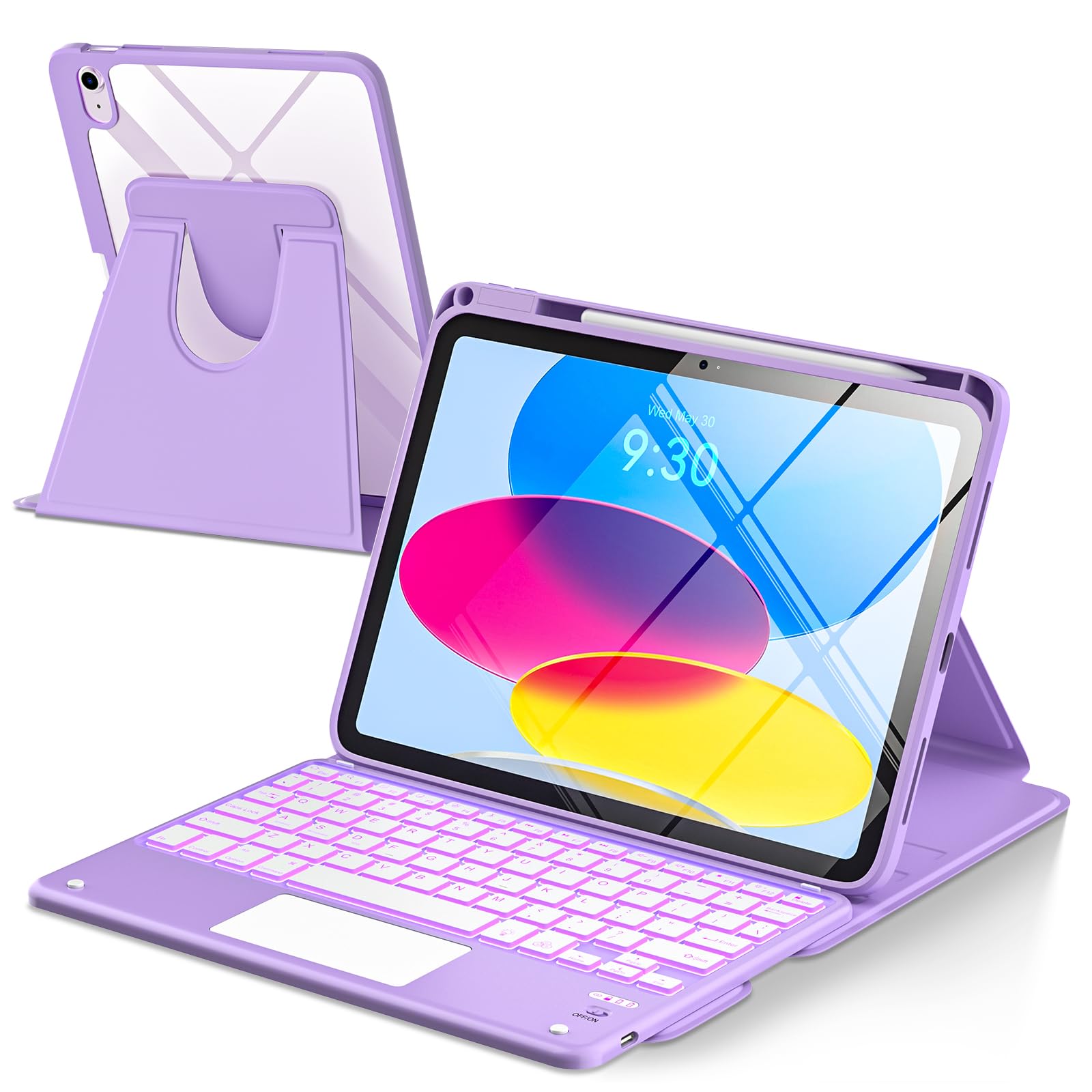 Photo 1 of TaIYanG Touchpad for iPad A16 11th/10th Generation Case with Keyboard, 7 Color Backlit 360 Rotation Cover with Pencil Holder,Detachable Keyboard for iPad 11 inch 2025/10th Gen 10.9'' 2022 (Purple)