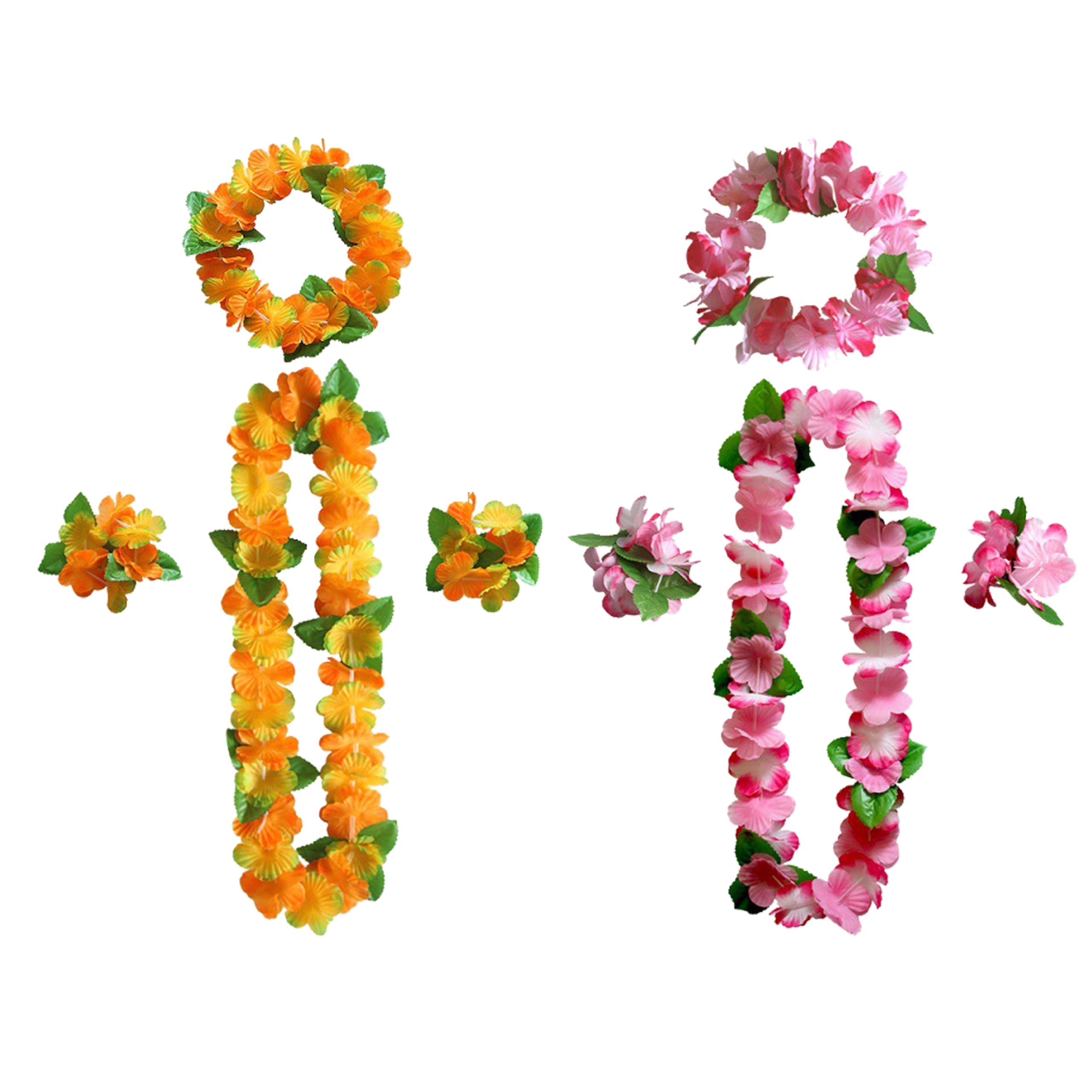 8-Piece Tropical Flower Lei Set – Colourful Hawaiian Party Decorations with Matching Garlands – Beach-Themed Necklaces for Luau & Summer Events (Orange & Pink)