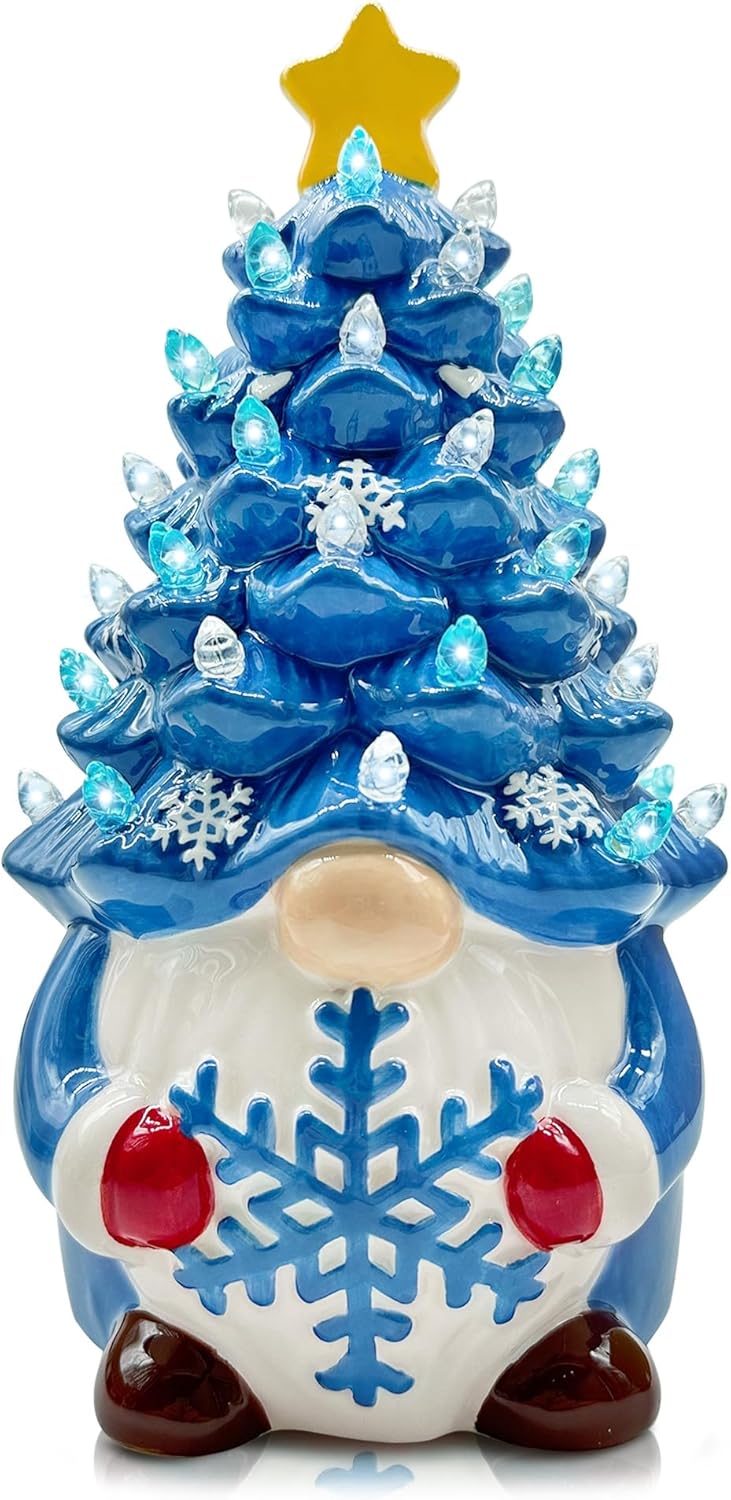 Trees - Christmas Blue Gnome Tree, Christmas Decorations for The Home Gnome Table Decor with Pastel Colored Lights, Ceramic Gnome Holidays Decor Figurines Collectione