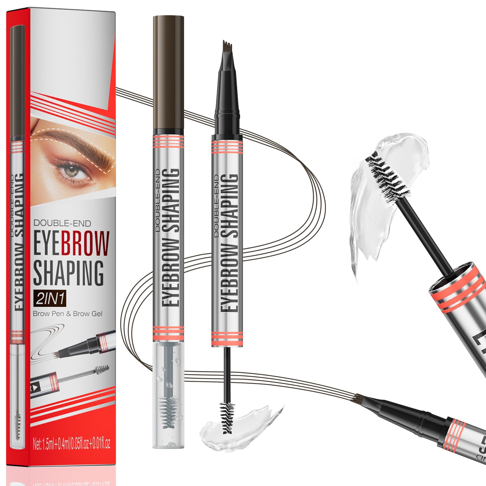 Microblading Eyebrow Pencil, 2-in-1 Dual-Ended Eyebrow Pen with 4 Fork Tips & Brow Gel, Long-Lasting Waterproof Eye Brow Pencil, Smudgeproof Brow Pen for Natural Looking Brows Makeup - Dark Brown