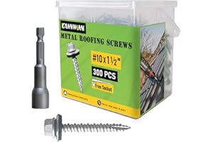 CAMNWAMN 300 Pcs #10 x 1-1/2 Inch Hex Head Metal Roofing Screws, Zinc Plated Sharp Point Sheet Metal Roof Screw with Rubber Washer, Self Tapping Metal to Wood Siding Screws, Hex Socket Included