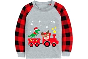 CM-KID Christmas Shirt for Toddler Boys Santa Dino Reindeer Buffalo Red Plaid Long Sleeve Tshirt Tops for Kids 2-7 Years