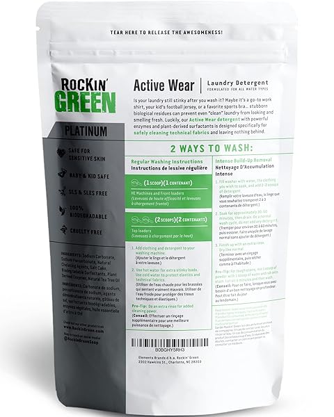 ROCKIN’ GREEN LAUNDRY DETERGENT, PLANT BASED, ALL NATURAL LAUNDRY DETERGENT POWDER, VEGAN AND BIODEGRADABLE ODOR FIGHTER, SAFE FOR SENSITIVE SKIN (ACTIVE WEAR 120 LOADS – UNSCENTED)