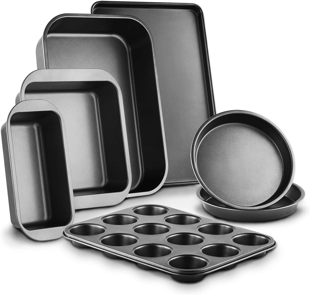 Amazon Com Creatif 7 Piece Nonstick Bakeware Set Of Baking Pans Baking Sheets Cookie Sheets Cake Pan Muffin Pan And Bread Pan Thick Carbon Steel Kitchen Oven Safe Wide Handle Kitchen Dining