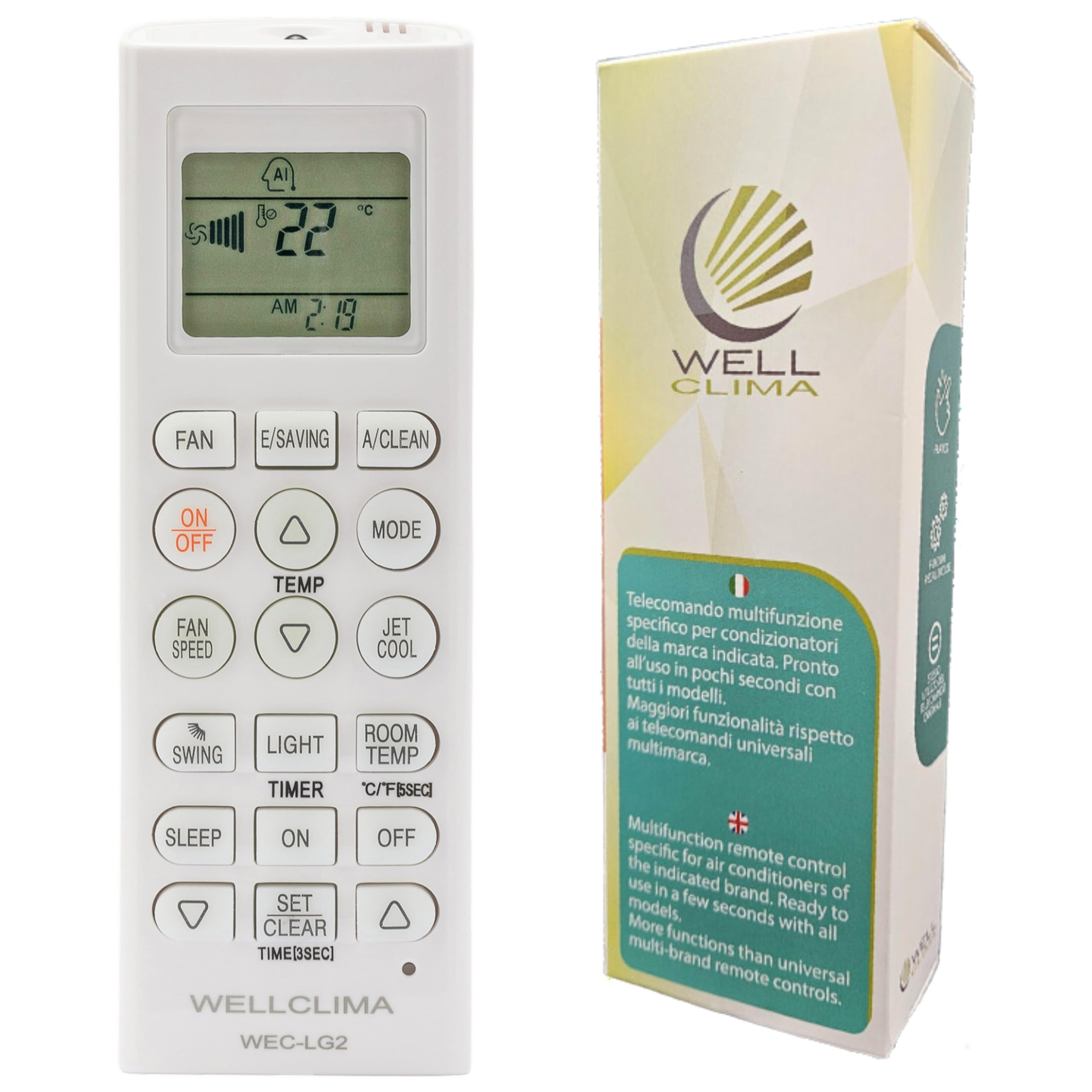 Wellclima Universal Remote Control for LG Air Conditioners, WEC-LG2, Compatible with All Models, Immediately Operated, Design Similar to Recent Remote Controls, Special Buttons, Instructions in 6