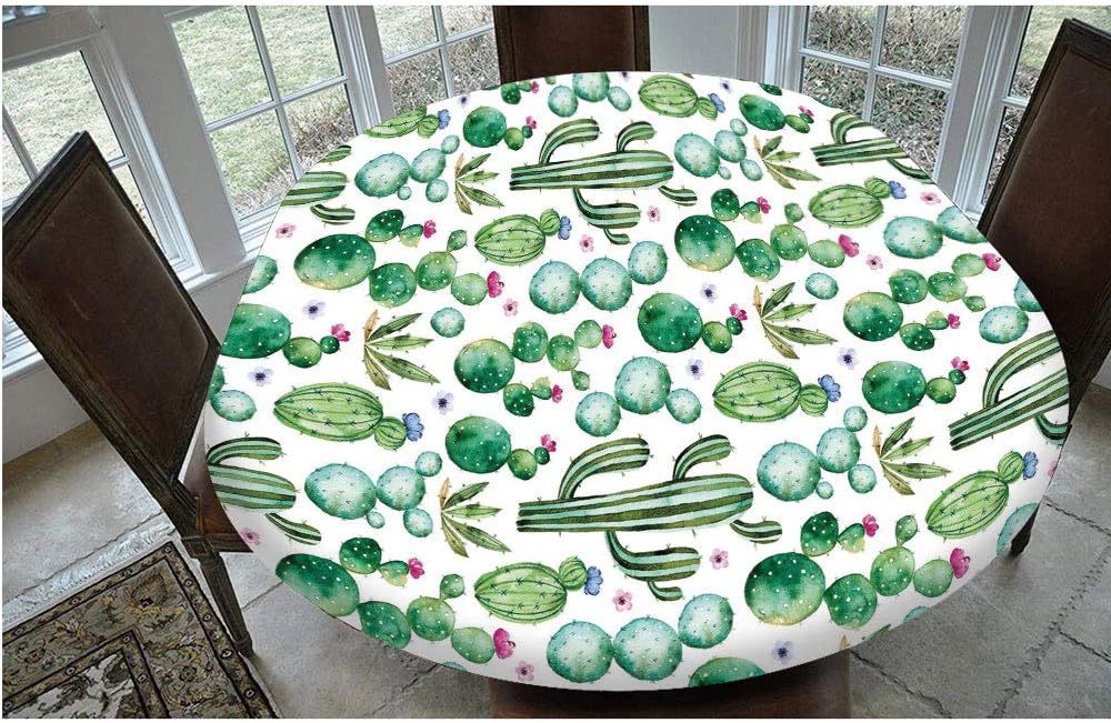 Elastic Edged Polyester Fitted Tablecloth,Mexican Texas Cactus Plants Spikes Cartoon Like Art Print Table Cover,Fits Oval/Olbong Tables 48x68",for Holiday Home Christmas Party Picnic White Light Pink