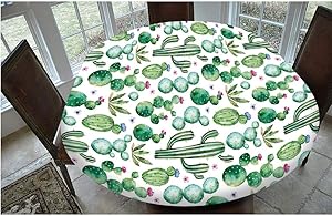 Elastic Edged Polyester Fitted Tablecloth,Mexican Texas Cactus Plants Spikes Cartoon Like Art Print Table Cover,Fits Oval/Olbong Tables 48x68",for Holiday Home Christmas Party Picnic White Light Pink