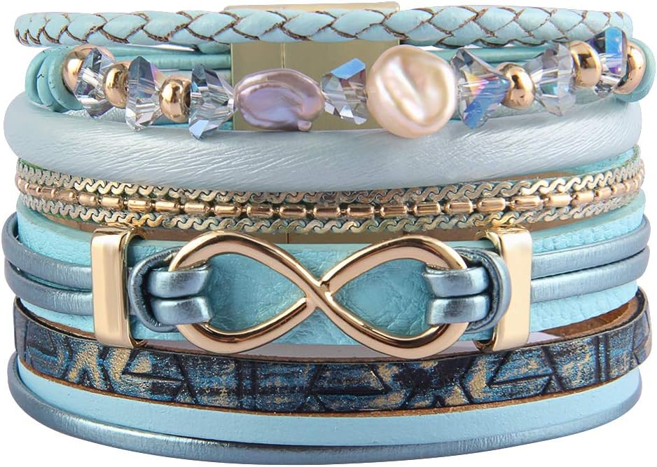 Heart Leather Cuff Bracelet Multi Strand Wrap Around Bracelets Magnetic Boho Bangle Bohemian Jewelry Gift for Women, Mother, Wife, Sister, Lover