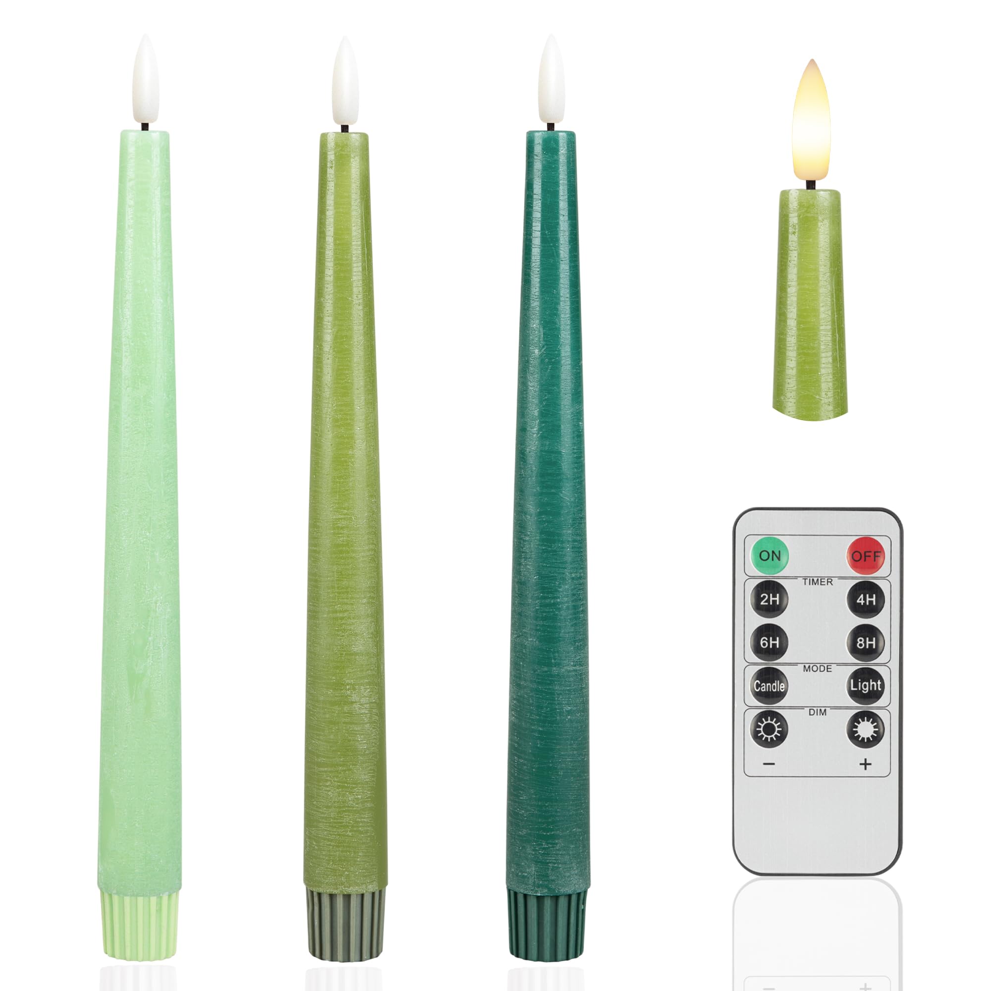 Photo 1 of AFINETH Green Flameless Taper Candles, 9.6" Real Wax Battery Operated Candles with Remote, 3 Pack Flickering, Gradient Candlesticks, Fake Candle for Home, Wedding, Party Decor