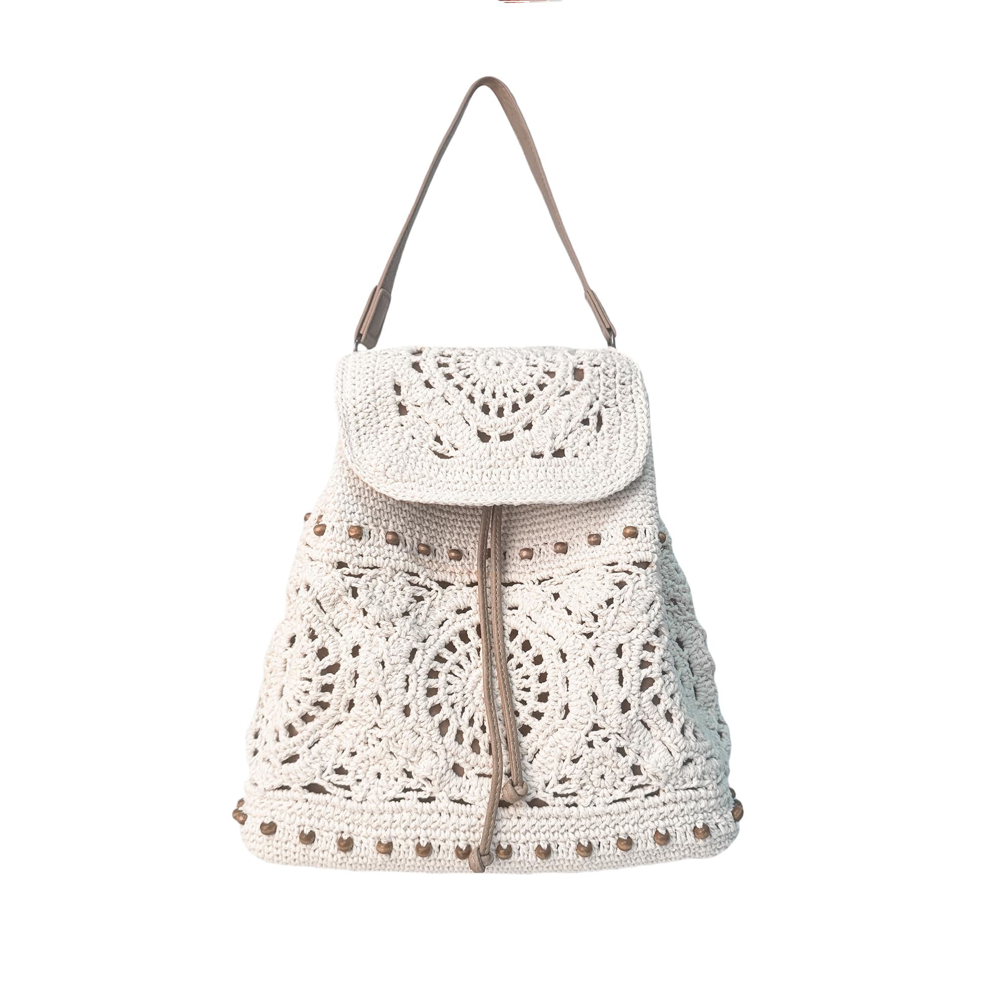Photo 1 of Eiyye Boho Crochet Backpack for Women, Handmade Cotton Rope Woven Rucksack with Adjustable Straps, Lightweight Travel Daypack for Beach, Picnic, or Casual Outings