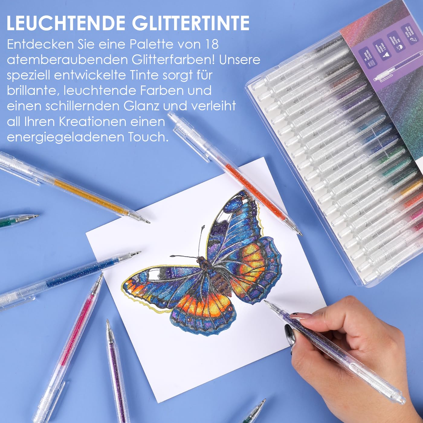 Grabie Glitzer Gelstifte, 18 Farben, metallisch leuchtende Glitzer stifte zum Ausmalen, einziehbare kugelschreiber für Erwachsene, farbige stifte für Zeichnungen 5