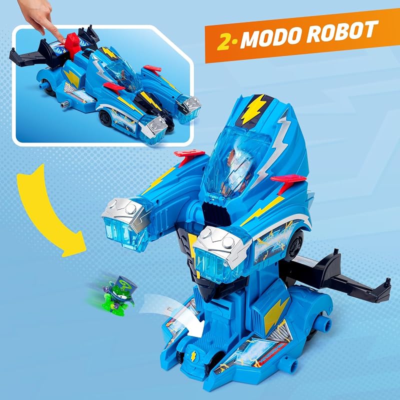 SUPERTHINGS–Robot Fighter.Vehículo Transformable en Robot de Héroes de la Película.Contiene Playset,Figura de Acción de Kid Kazoom,Carta Exclusiva y 3 Proyectiles.con Funciones y Ataques Especiales