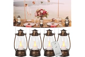 Reperla Vintage Lantern Decor, 4-Pack Flickering LED Candle Lantern with Remote Small Sized Lantern Indoor Outdoor Hanging Lanterns for Wedding Centerpiece,Halloween,Christmas,Farmhouse Decorations