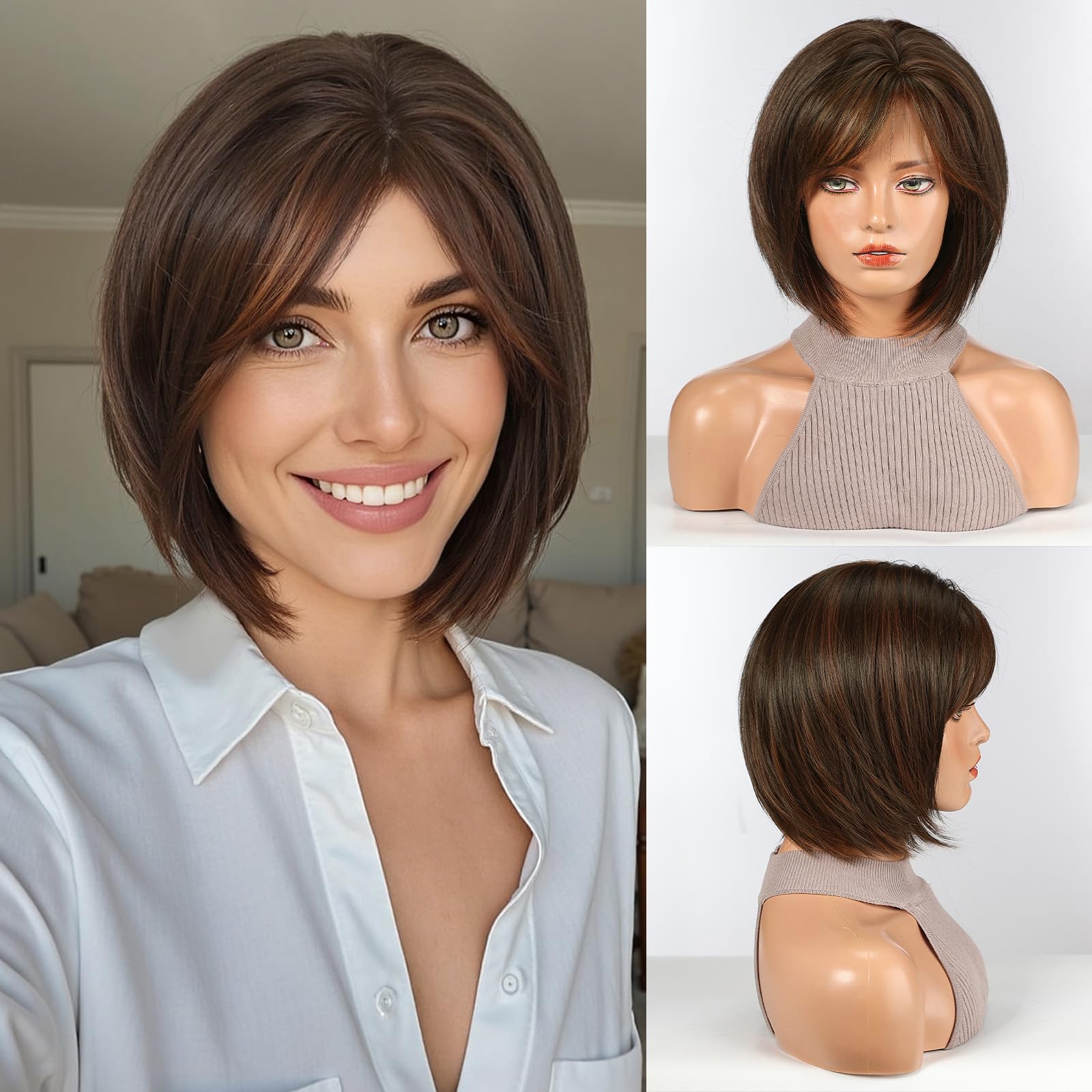 HAIRCUBE Bob Wigs for Women Synthetic Wig with Fringe Brown with highlight Color — image 1