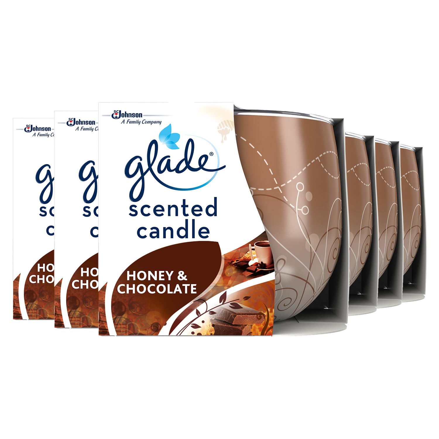 Glade Jar Candle, Scented Candle Infused with Essential Oils, Up to 31 Hour Burn Time, Honey & Chocolate, Pack of 6 (6 x 120g)