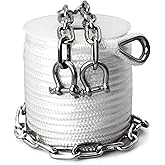 Boat Anchor Rope 3/8" x 100' Premium Solid Double Braided Nylon Anchor Line,with 1/4" x 4' Stainless Steel Anchor Chain,with Thimble & Shackle (White)