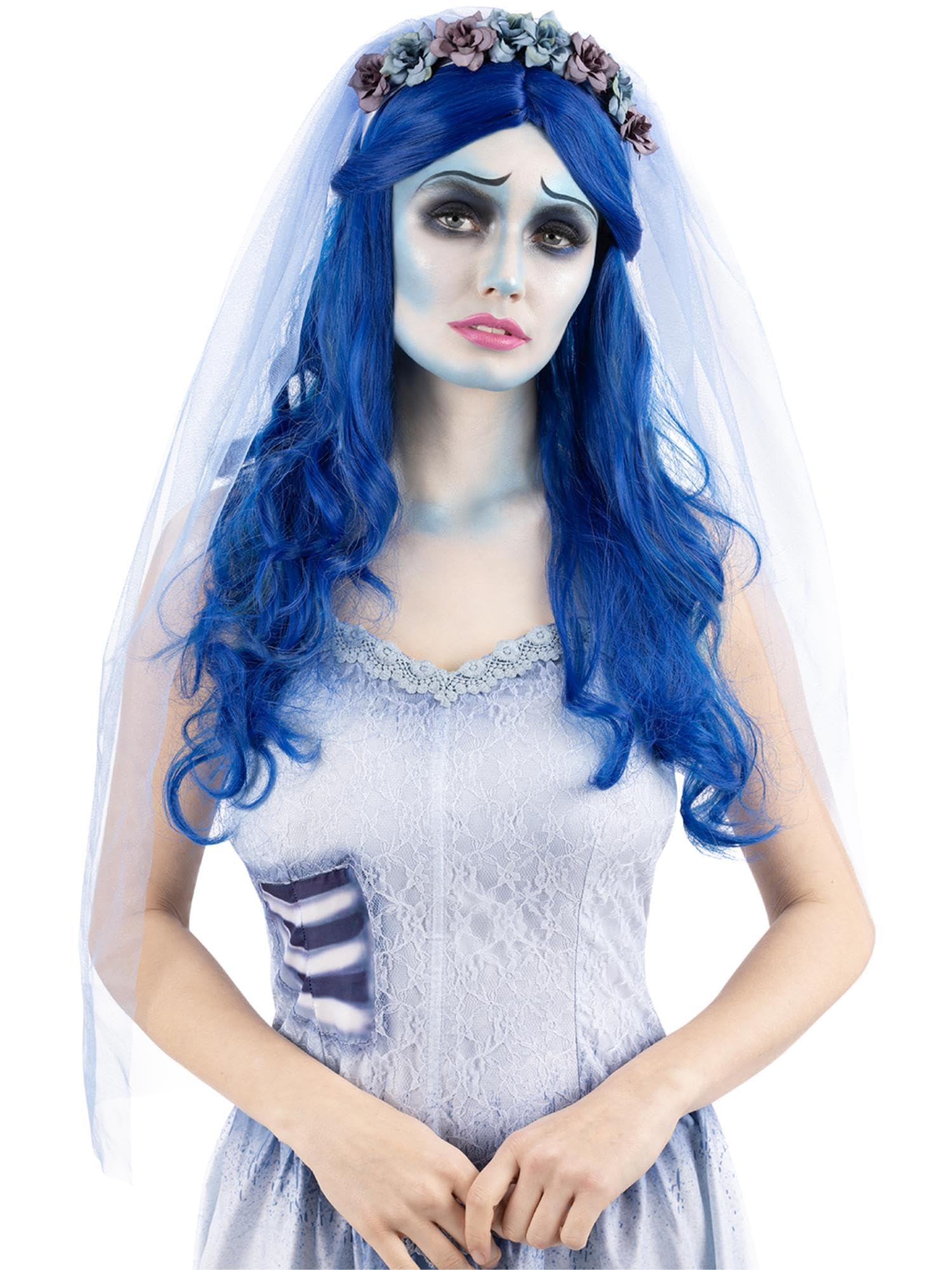 Smiffys Corpse Bride Wig Official Licensed Tim Burton Warner Brothers Halloween Fancy Dress Accessory Long Blue Wavy Hair Cosplay Gothic Bridal Character Costume for Women Adults