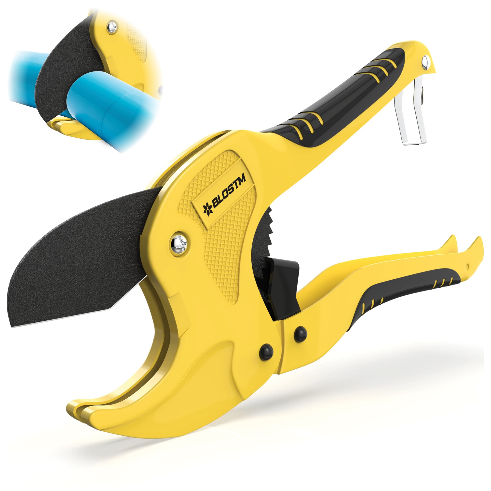 BLOSTM Plastic Pipe Cutter - Heavy Duty Ratchet Pipe Cutters with 42mm Outside Diameter Cutting Capacity for PVC PEX PPR Plastic Pipes & Rubber Hoses, Ergonomic Non-Slip Handle & Safety Lock (Yellow)