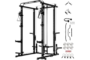 RitFit Upgraded PPC-P3 Power Cage, 3-in-1 Home Gym with Aluminum Pulley System, 1200LBS Capacity, Includes LAT Pulldown, Landmine, J-Hooks & 20+ Attachments, Fits Compact Spaces Black Red