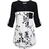 MOQIVGI Womens Roll Up Long Sleeve V Neck Patchwork Blouse Shirt Tops