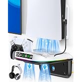 PS5 Wall Mount Kit with Cooling Fan and Charging Station Compatible with PS5/ Slim/Pro Disc and Digital, PS Five Floating Shelf with 9 RGB Lights, PS 5 Mount Behind TV, Sony PSP Cables